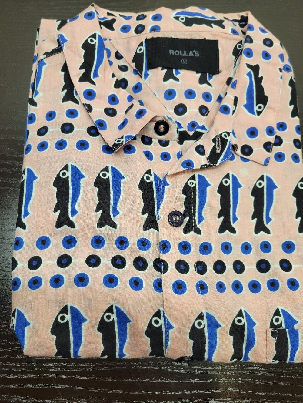 Rollas Mens Medium Bon Geometric Fish Print Short Sleeve Cotton Shirt Pink M